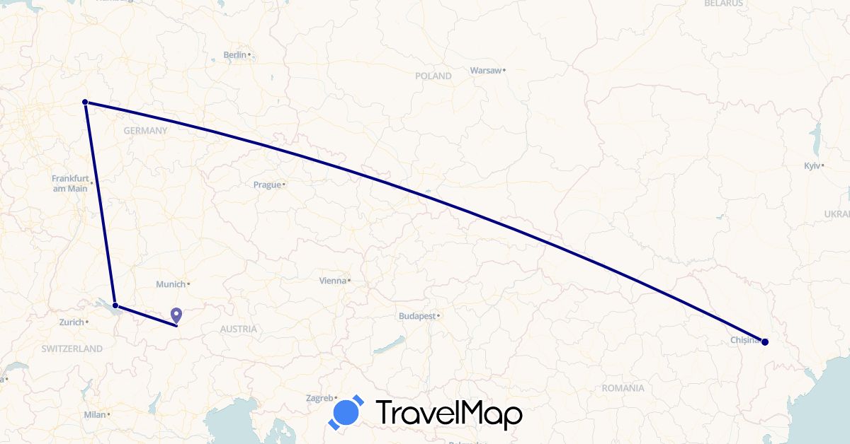 TravelMap itinerary: driving in Austria, Germany, Moldova (Europe)